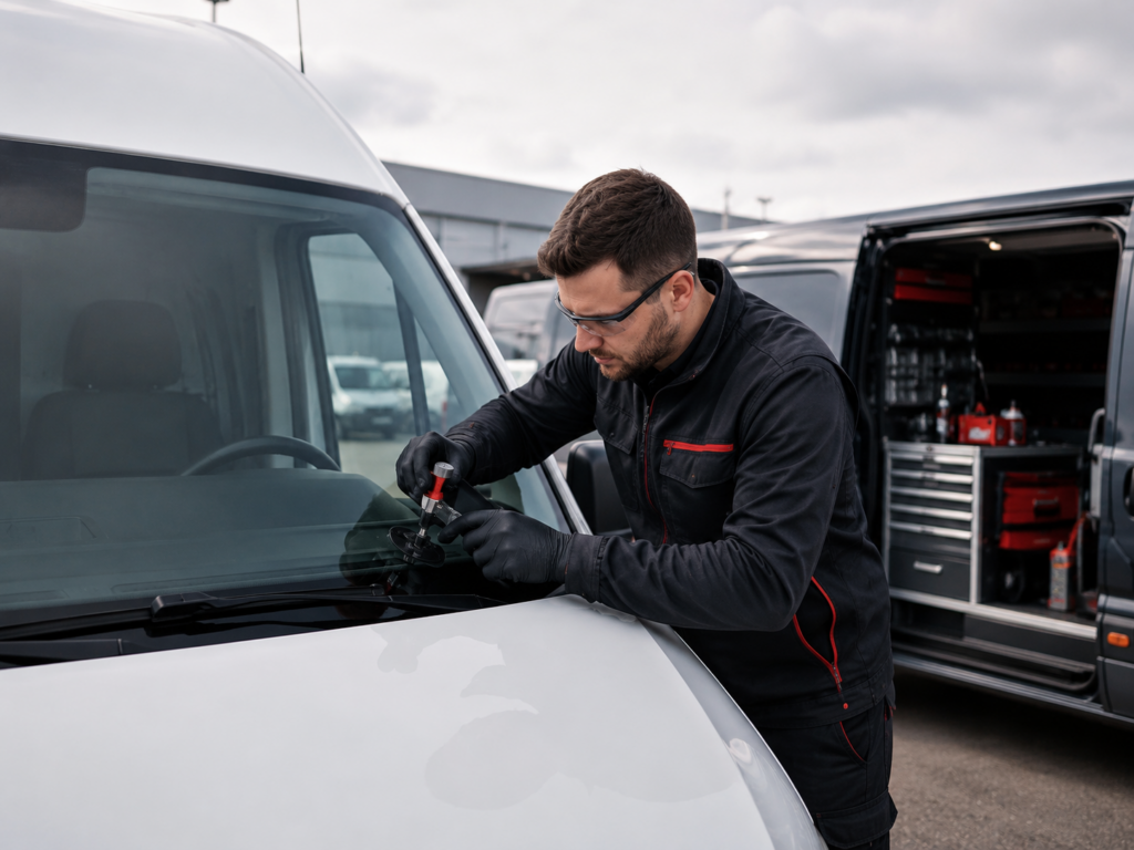 Autóüveg-szerelő szakember egy kisteherautó szélvédőjén javít kőfelverődést a jármű telephelyén, felszerelt mobil szervizautó mellett.