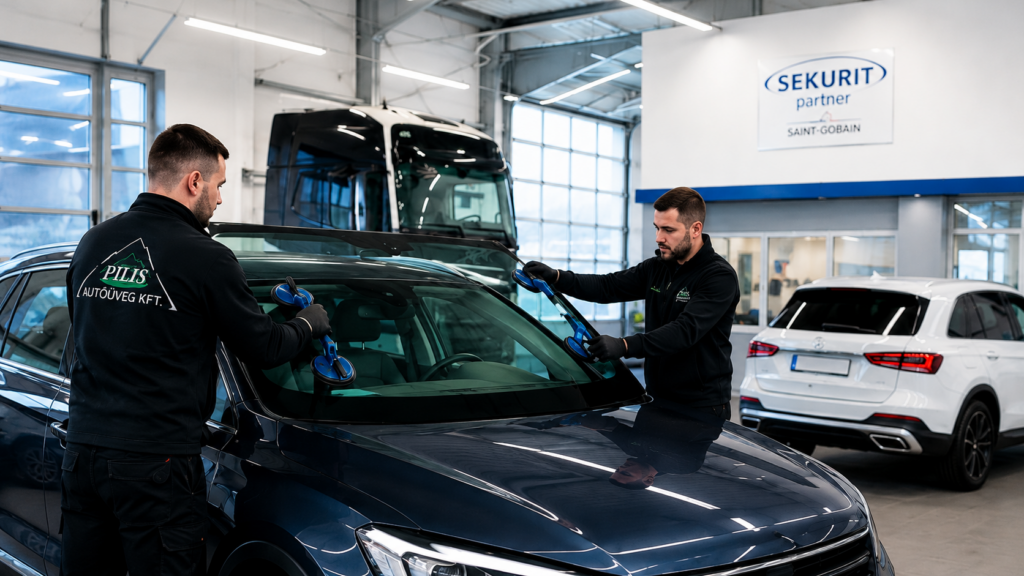 Két Pilis Autóüveg szakember szélvédőt emel be egy személyautóba a modern műhelyben, Sekurit Partner háttérrel.