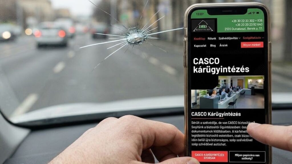Egy autó szélvédőjén keletkezett repedés látható, mellette egy kézben tartott okostelefonon a CASCO-kárügyintézés weboldala jelenik meg. A háttérben városi utca és forgalom látható.